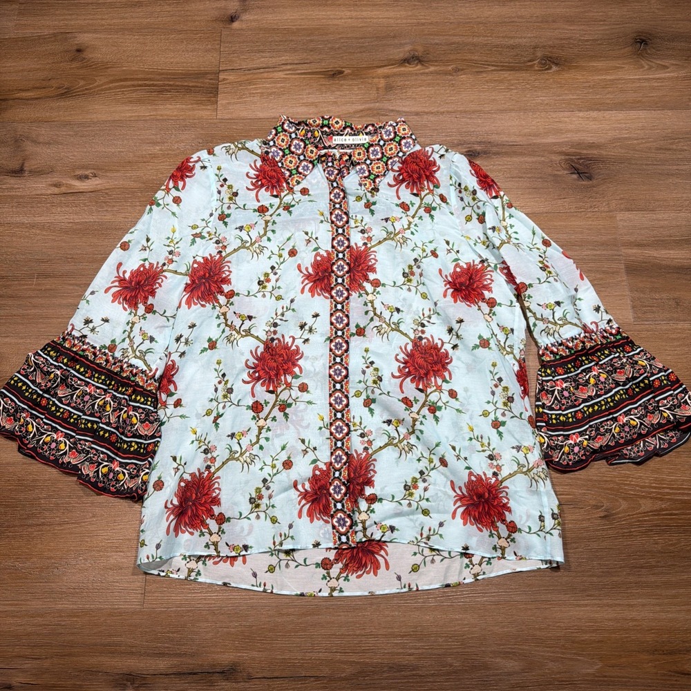 Alice + Olivia LARGE Rana Ruffle Sleeve Button Down Blouse Chrysanthemum Border